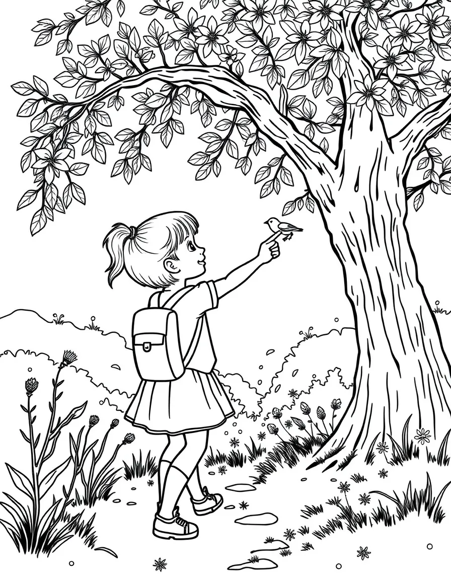 A girl on a nature walk, pointing at a bird in a tree.