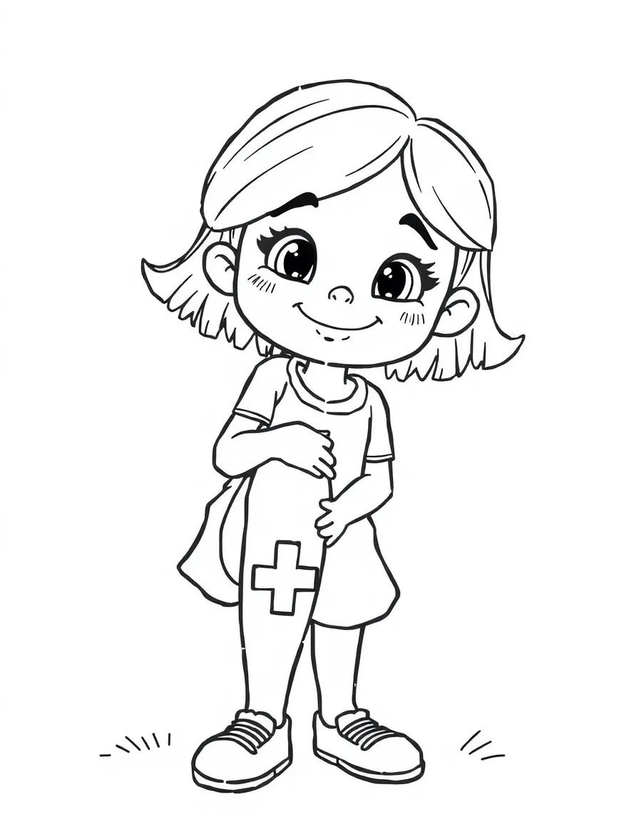 A girl with a band-aid on her knee, bravely smiling after a small tumble.