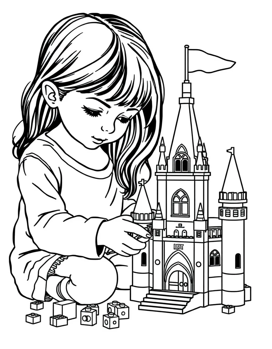 A girl building a Lego castle, concentrating on each brick.