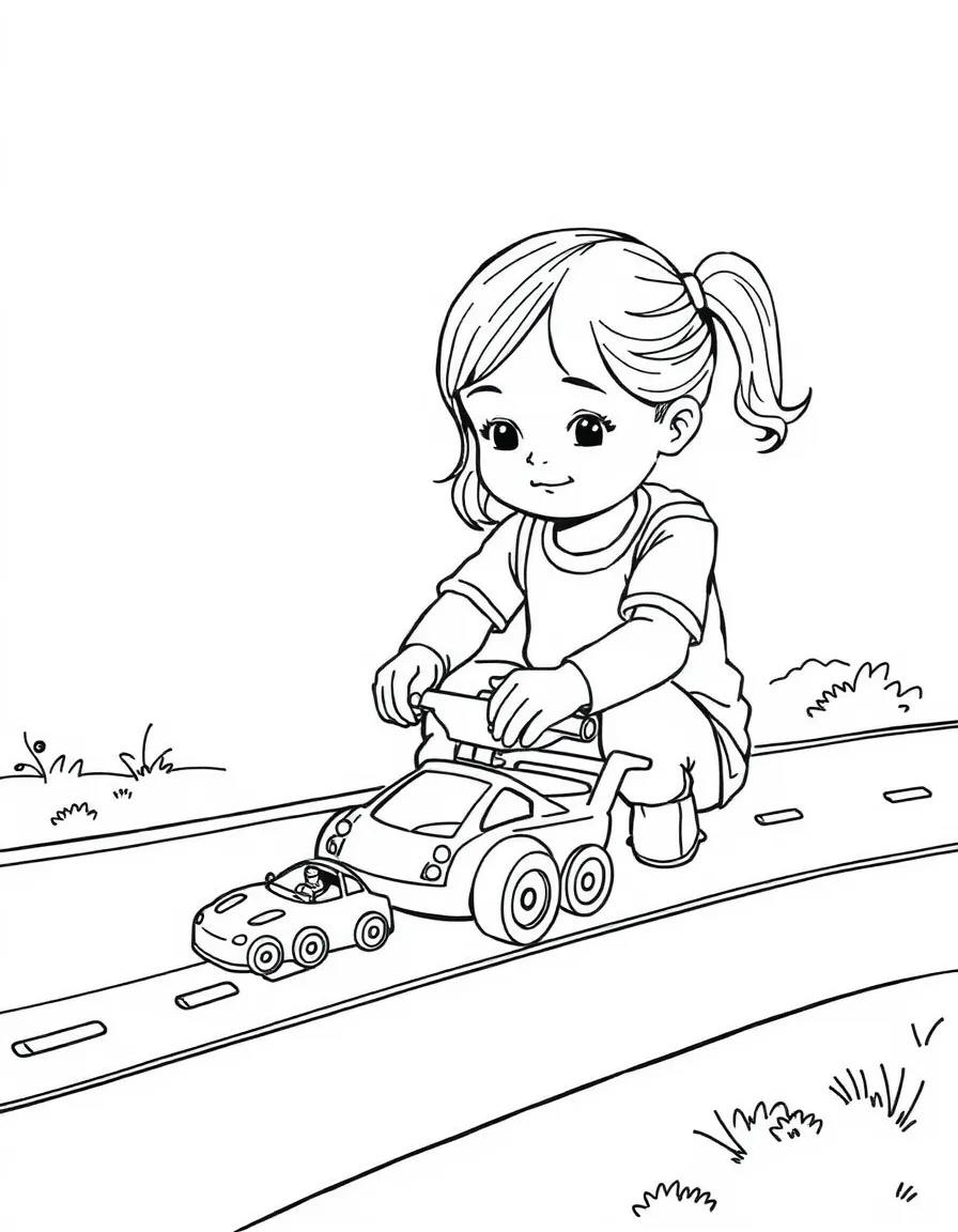 A girl playing with toy cars on a playmat road.