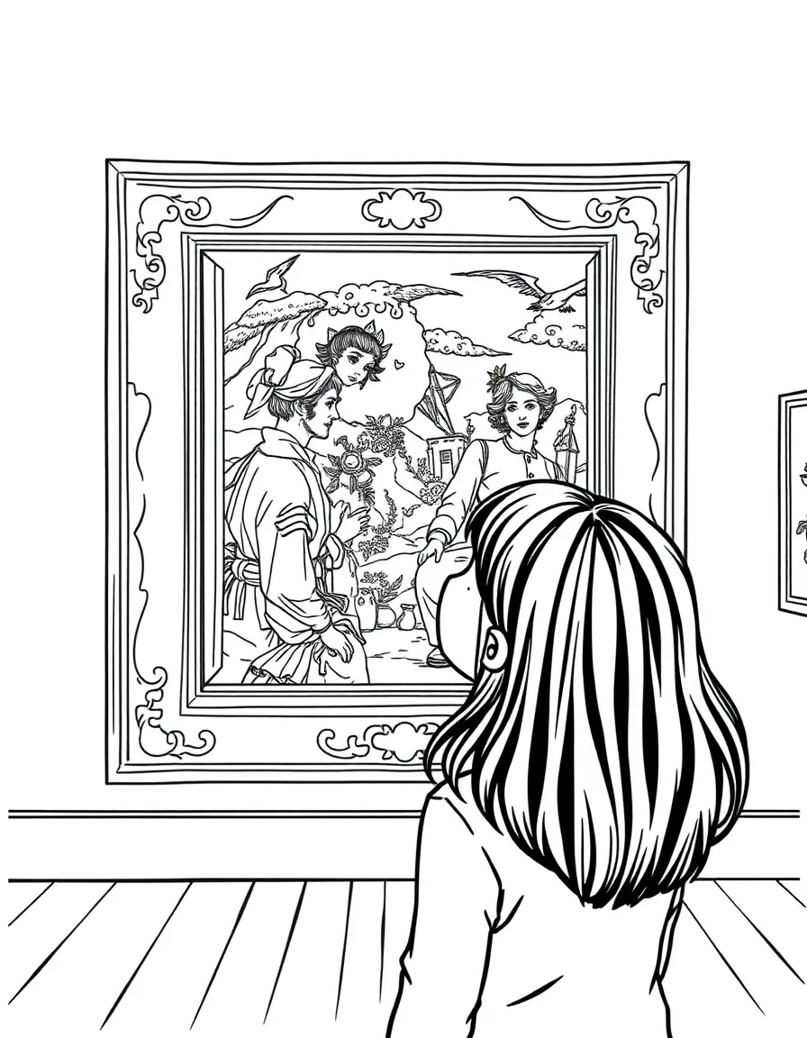 A girl at an art museum, looking at a beautiful painting with wide eyes.