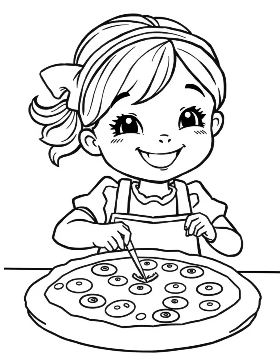 A girl making a pizza, adding toppings with a big smile.