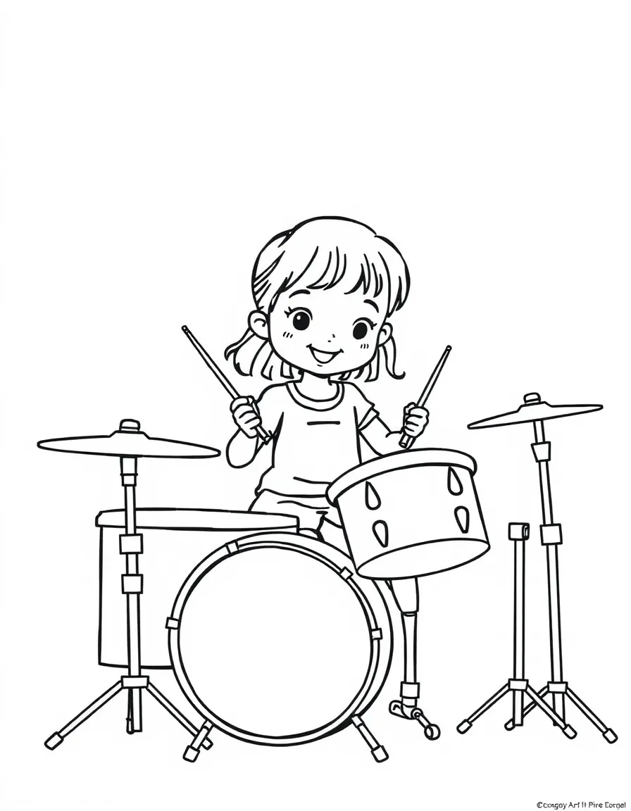 A girl playing the drums with drumsticks, making rhythmic beats.