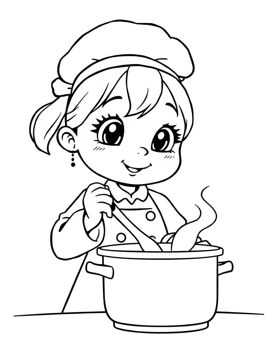 A girl pretending to be a chef, stirring a pot with a spoon.