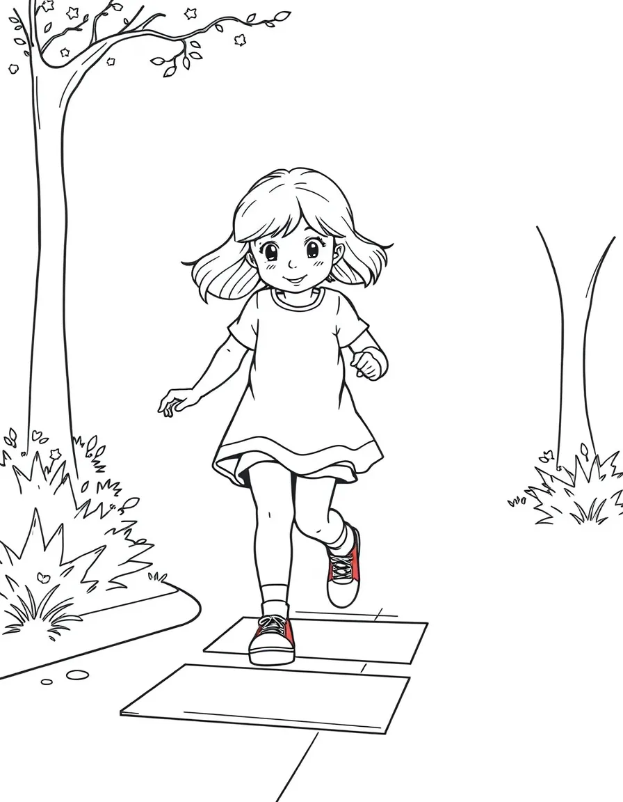 A girl playing hopscotch on the sidewalk.
