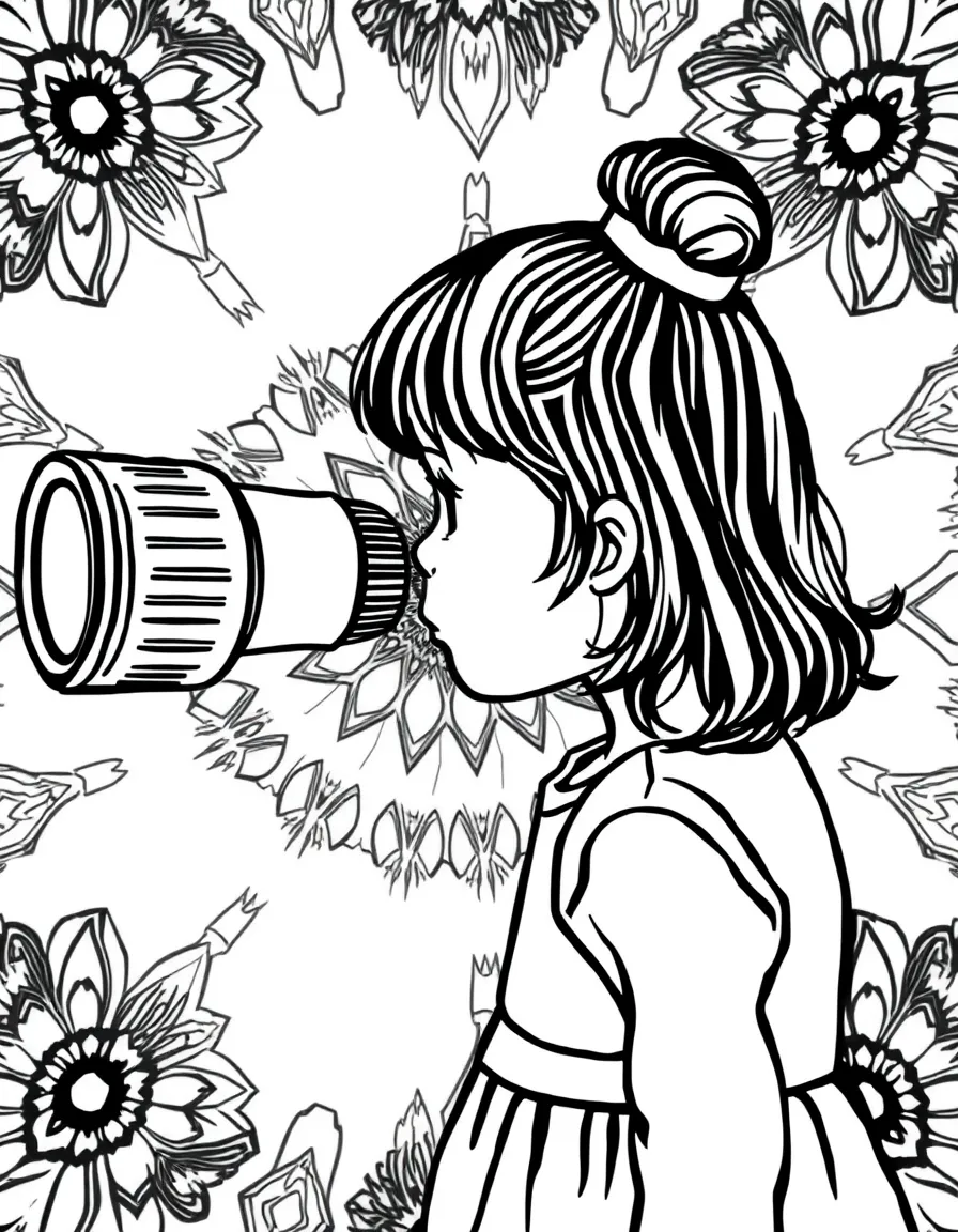 A girl looking through a kaleidoscope, mesmerized by the patterns.