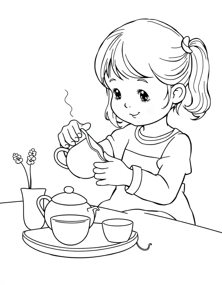 A girl playing with a toy tea set, pouring imaginary tea.