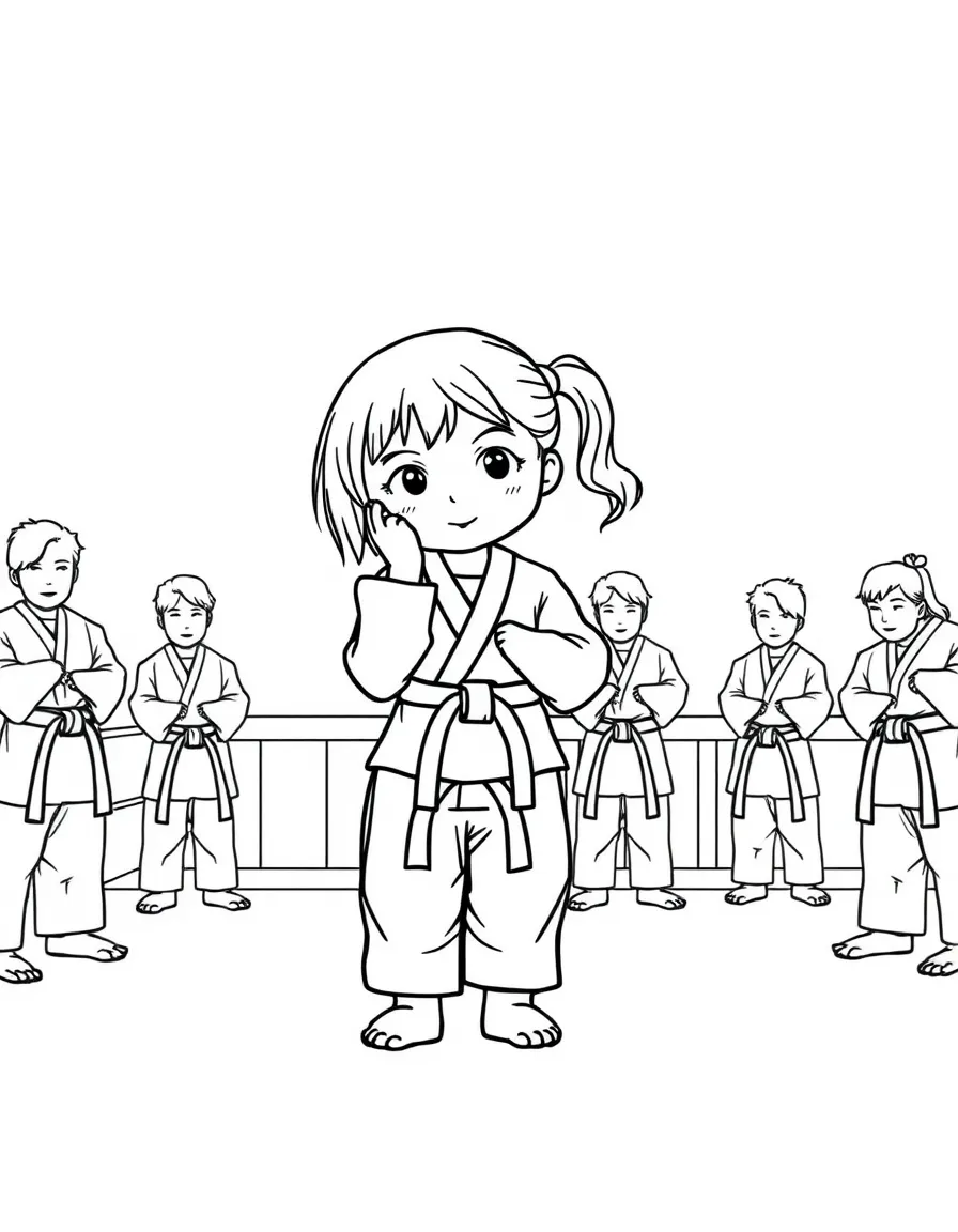 A girl in a karate class, bowing respectfully.