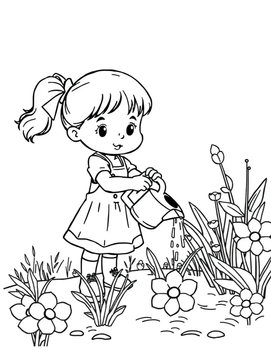 A girl helping to water the garden with a small watering can.