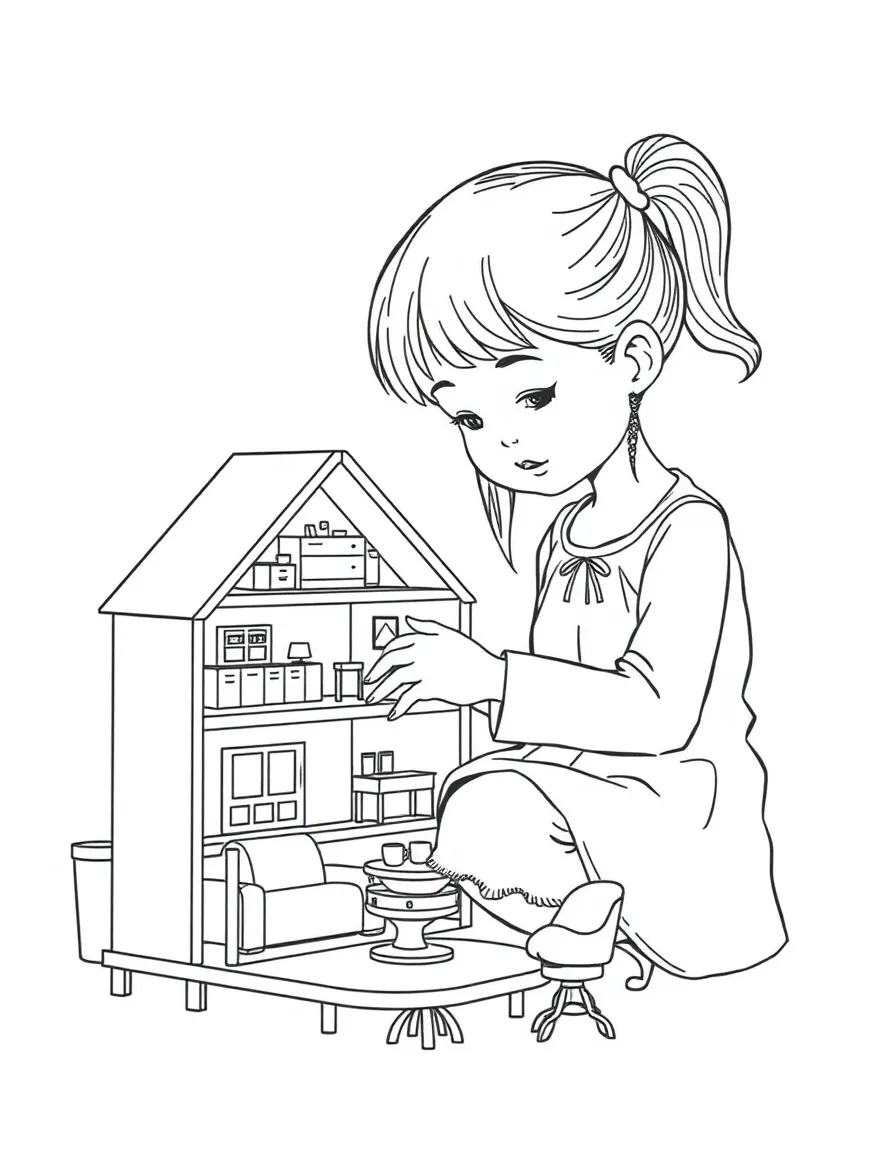 A girl playing with a miniature dollhouse, arranging tiny furniture.