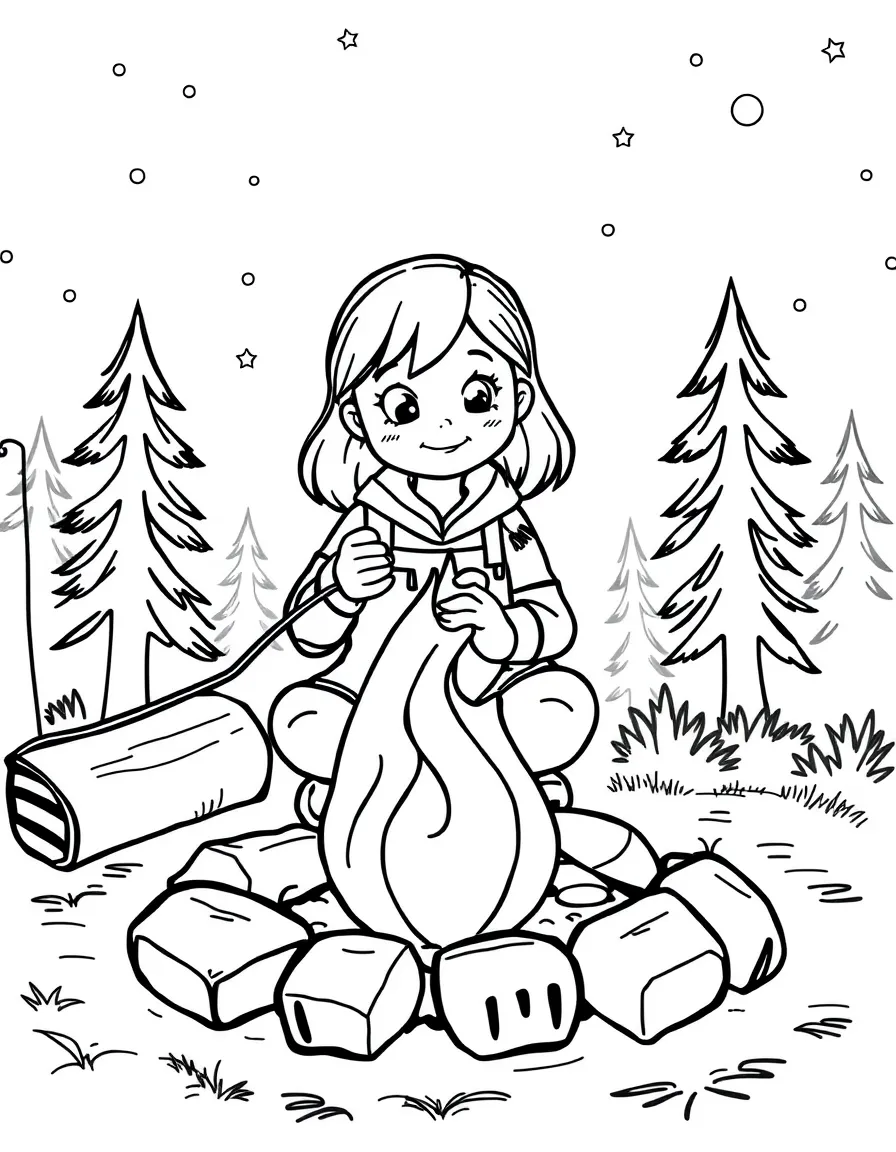 A girl on a camping trip, roasting marshmallows over a campfire.