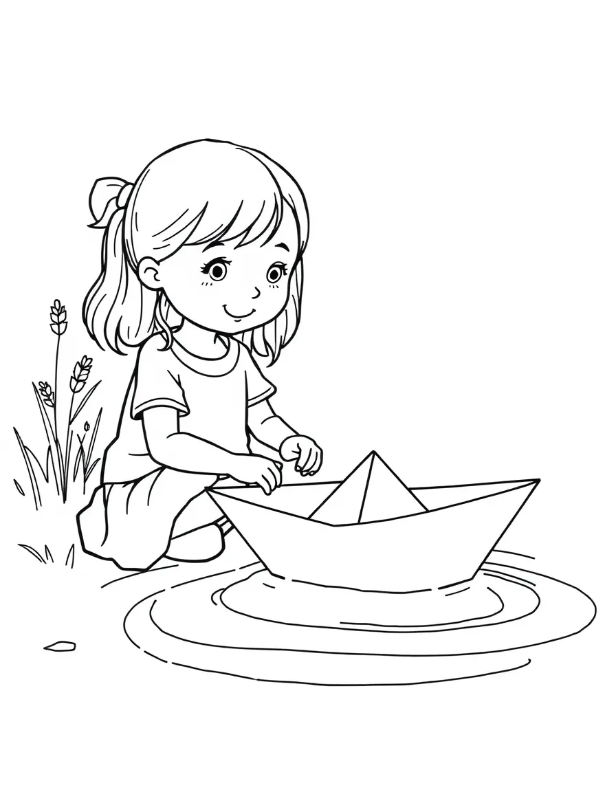 A girl making a paper boat and floating it in a puddle.