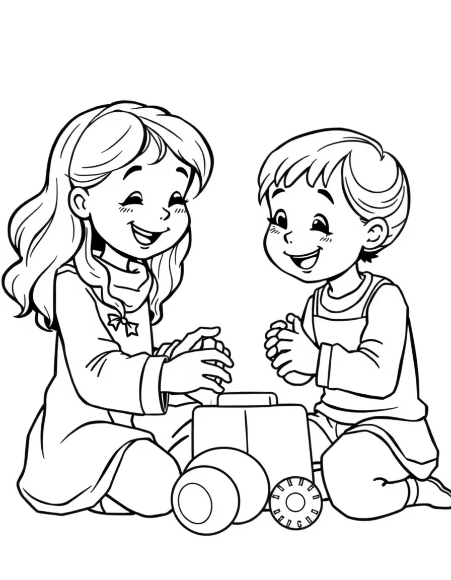A girl sharing her toys with a friend, smiling kindly.