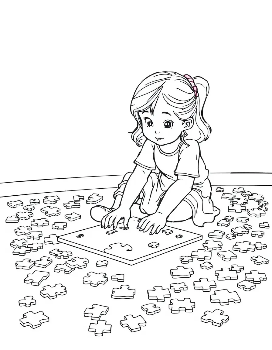 A girl doing a puzzle on the floor, surrounded by pieces.