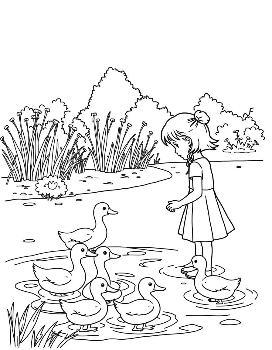 A girl feeding ducks at a pond, with ducks swimming towards her.