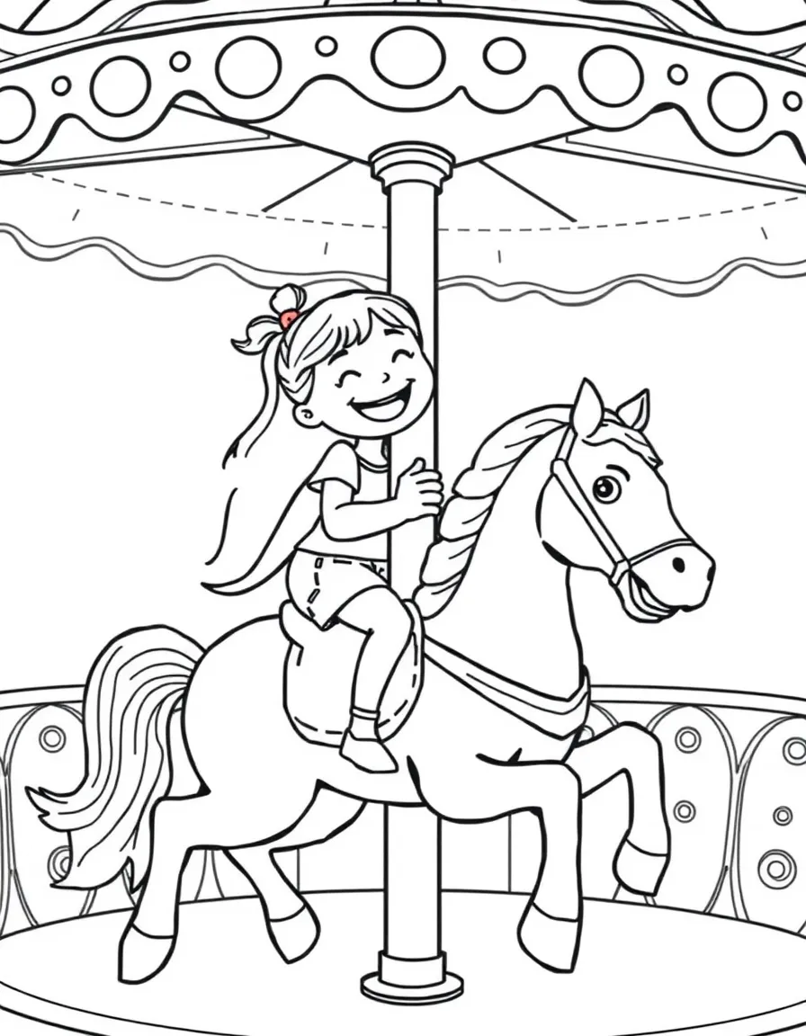 A girl riding a carousel horse, laughing joyfully.