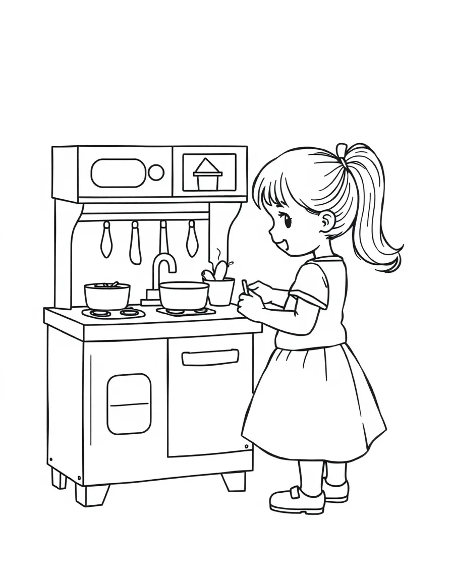 A girl playing with a toy kitchen, cooking imaginary food.