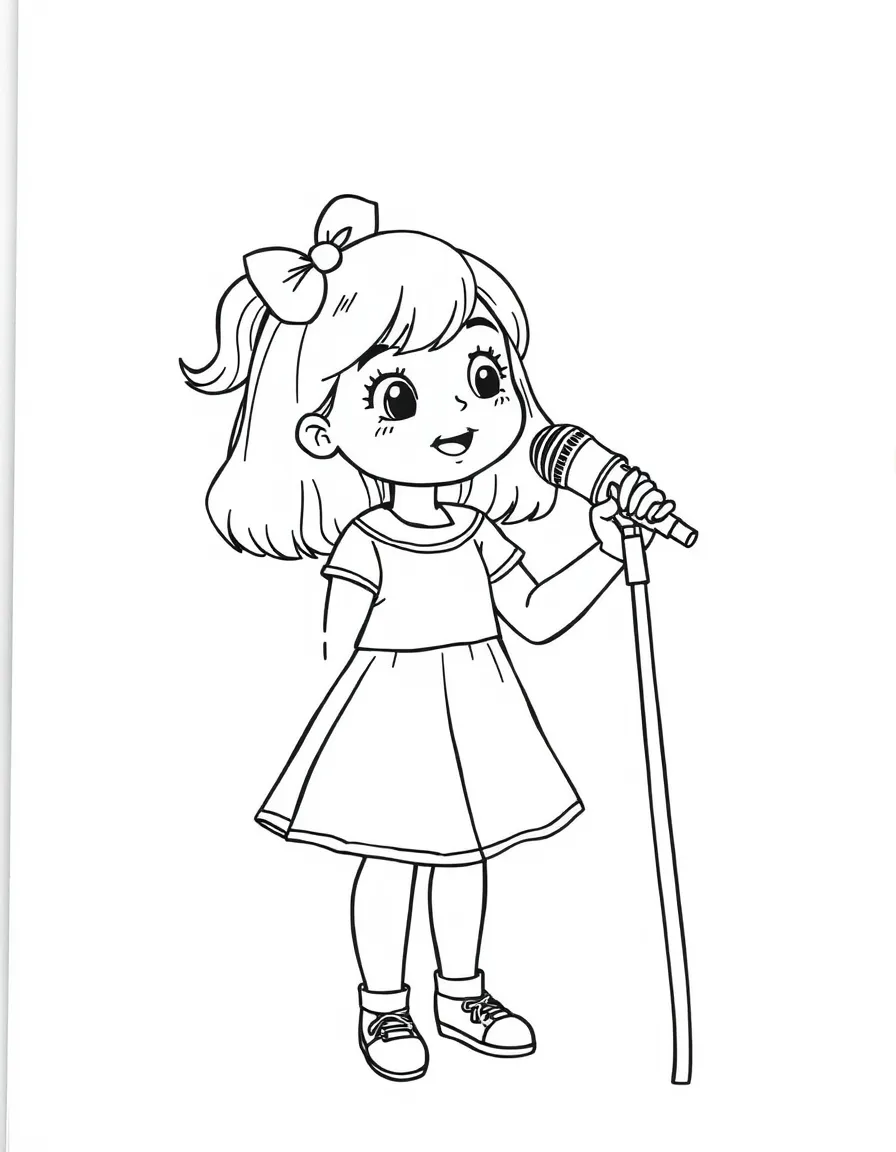 A girl pretending to be a singer, holding a brush as a microphone.
