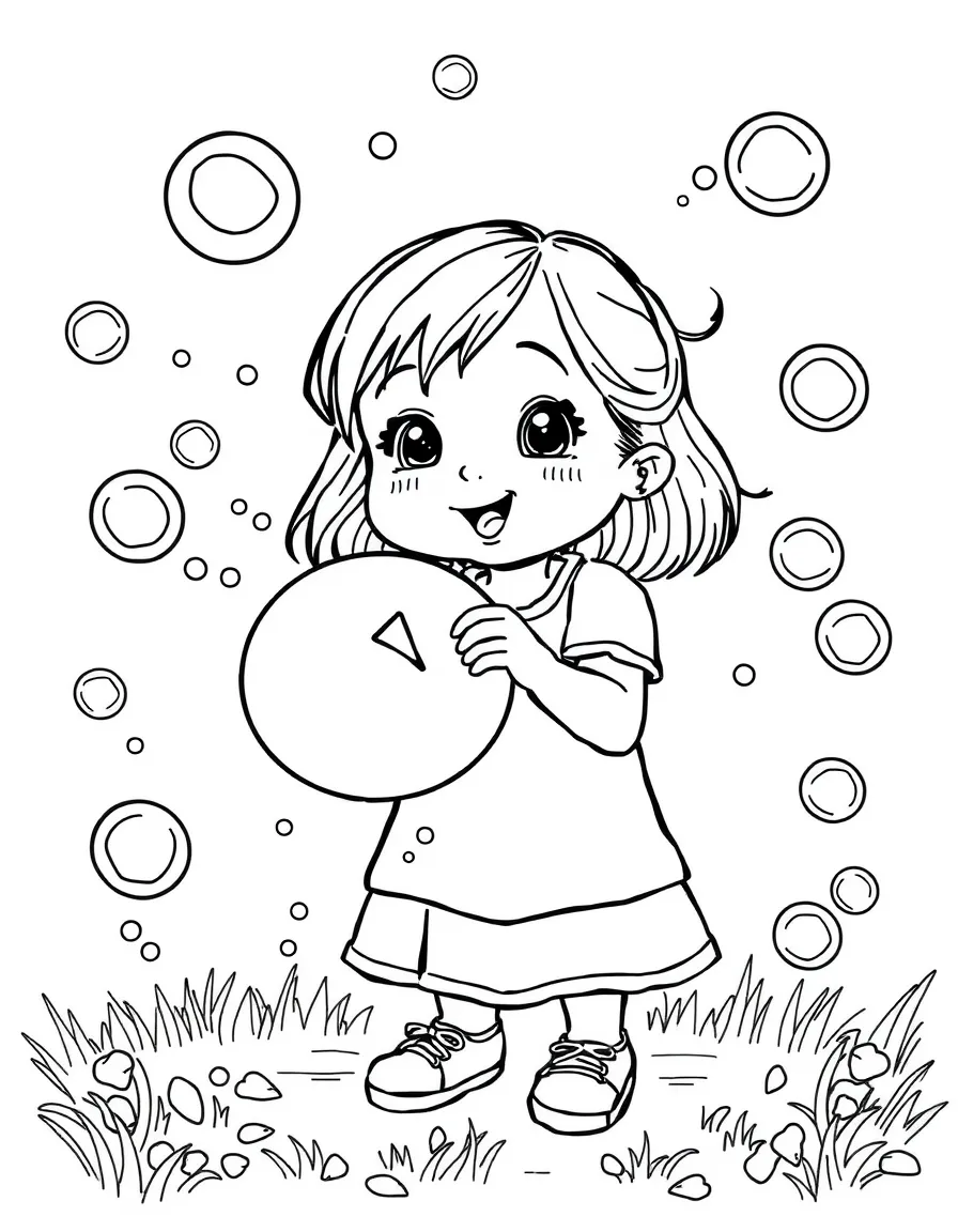 A girl playing with a bubble machine, surrounded by bubbles.