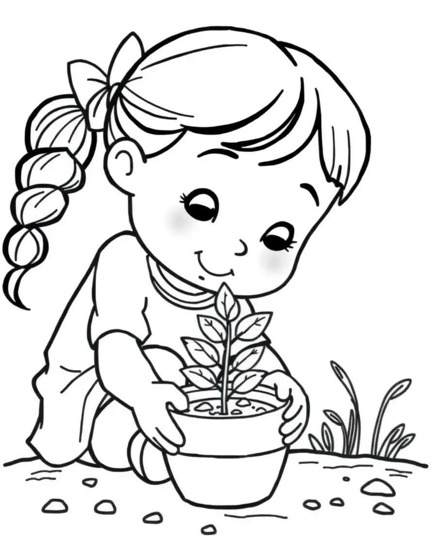 A girl planting a small seedling in a pot.