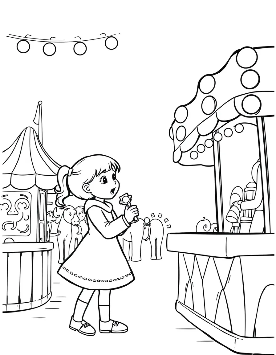 A girl at a fair, winning a prize at a carnival game.