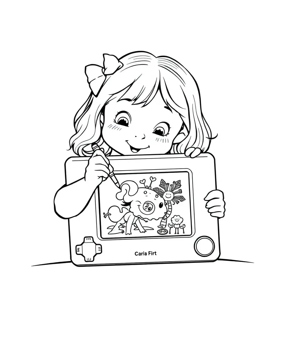 A girl drawing on an Etch-a-Sketch, creating a funny picture.