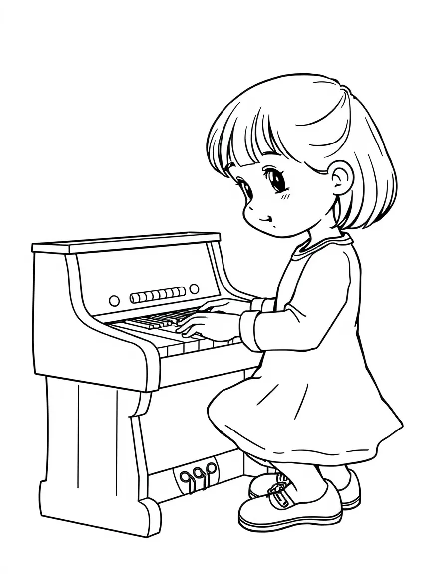 A girl playing a toy piano, pressing the keys.
