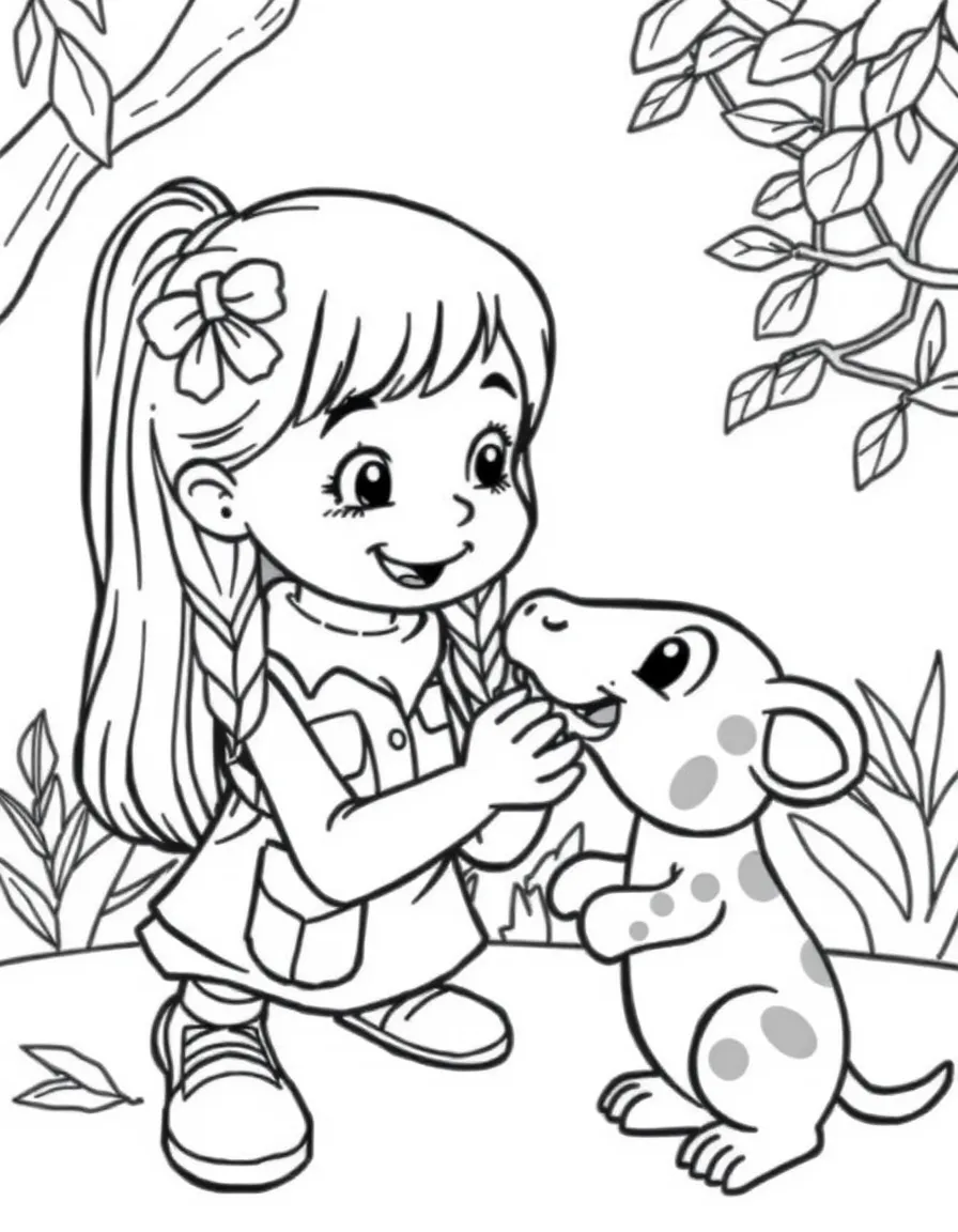 A girl pretending to be a zookeeper, feeding a toy animal.