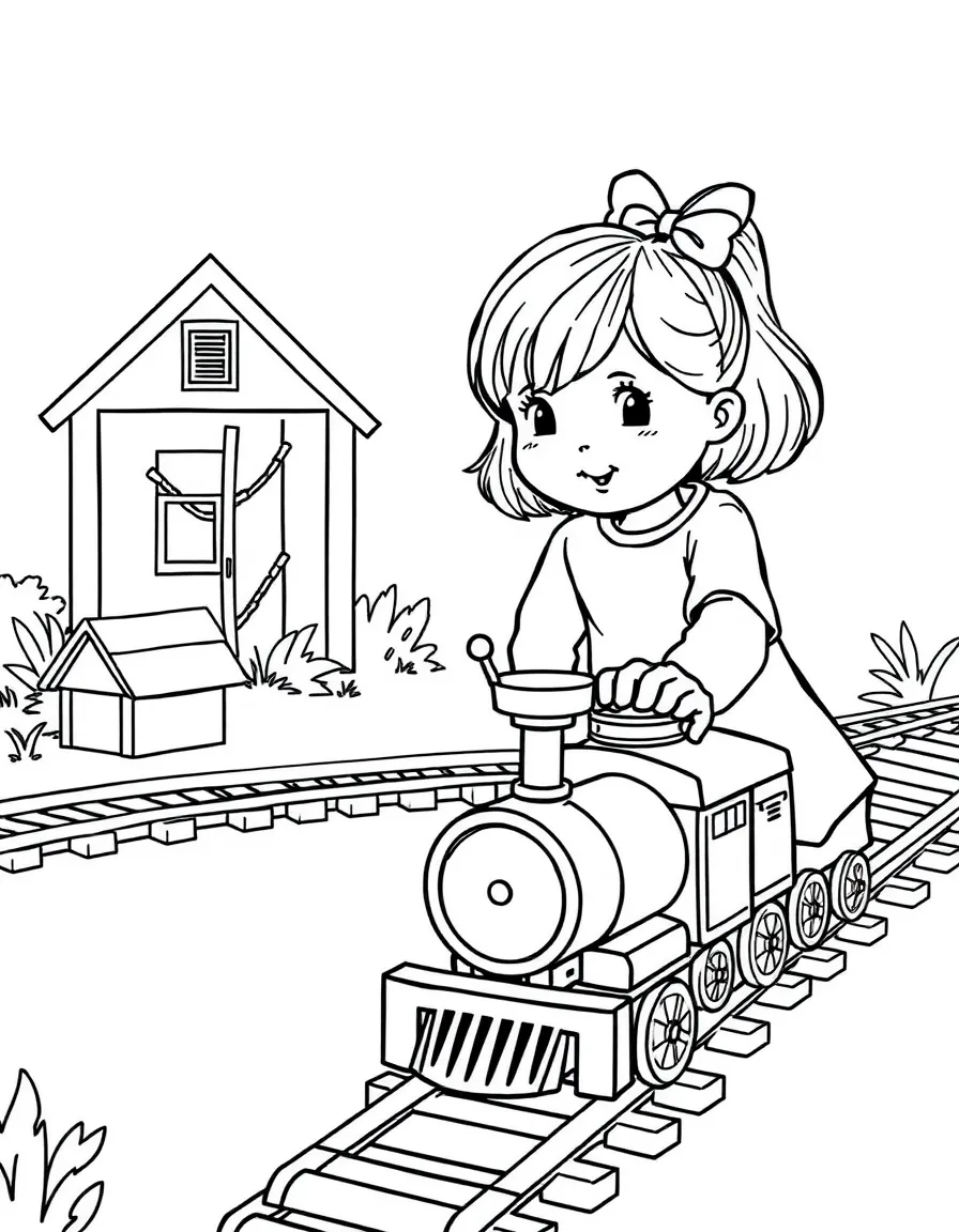 A girl playing with a toy train set, pushing the train along the tracks.
