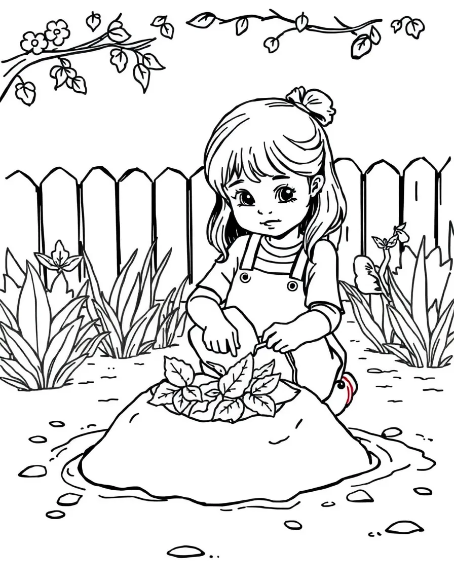 A girl making a "mud pie" in the backyard, decorating it with leaves.