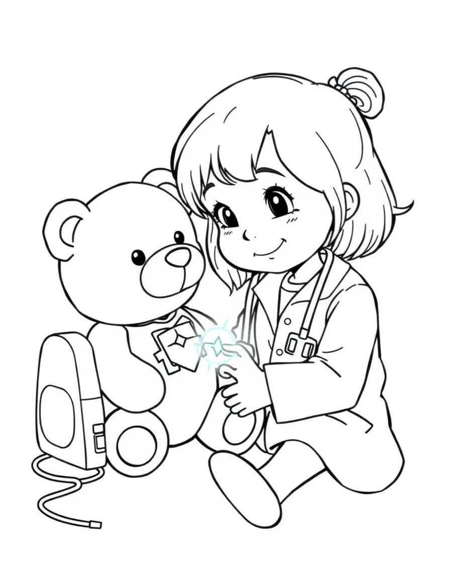 A girl playing with a toy doctor's kit, checking her teddy bear's heartbeat.