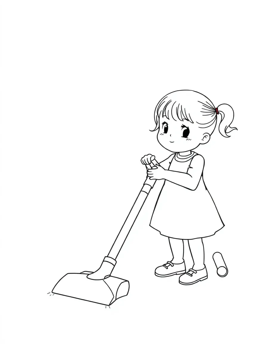 A girl playing with a toy vacuum cleaner, pretending to clean.