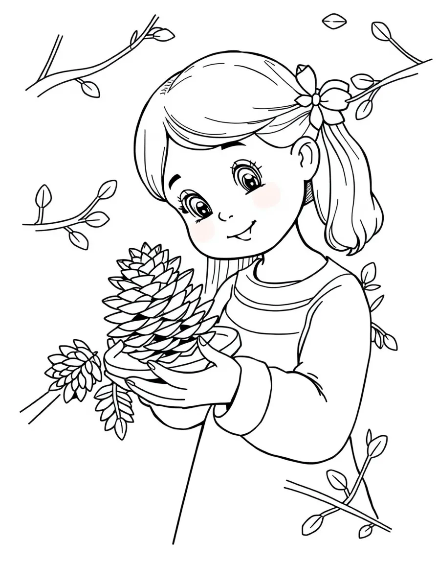 A girl making a bird feeder with pinecones and peanut butter.