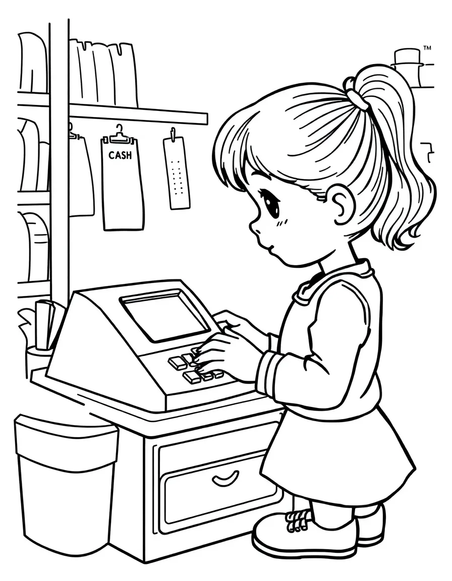A girl playing with a toy cash register, ringing up items.