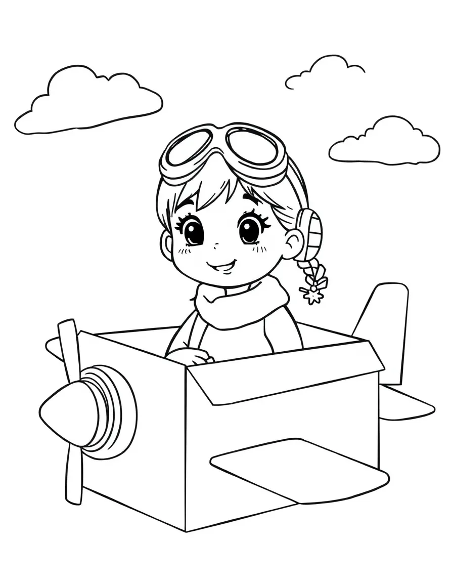 A girl pretending to be a pilot, sitting in a cardboard box airplane.
