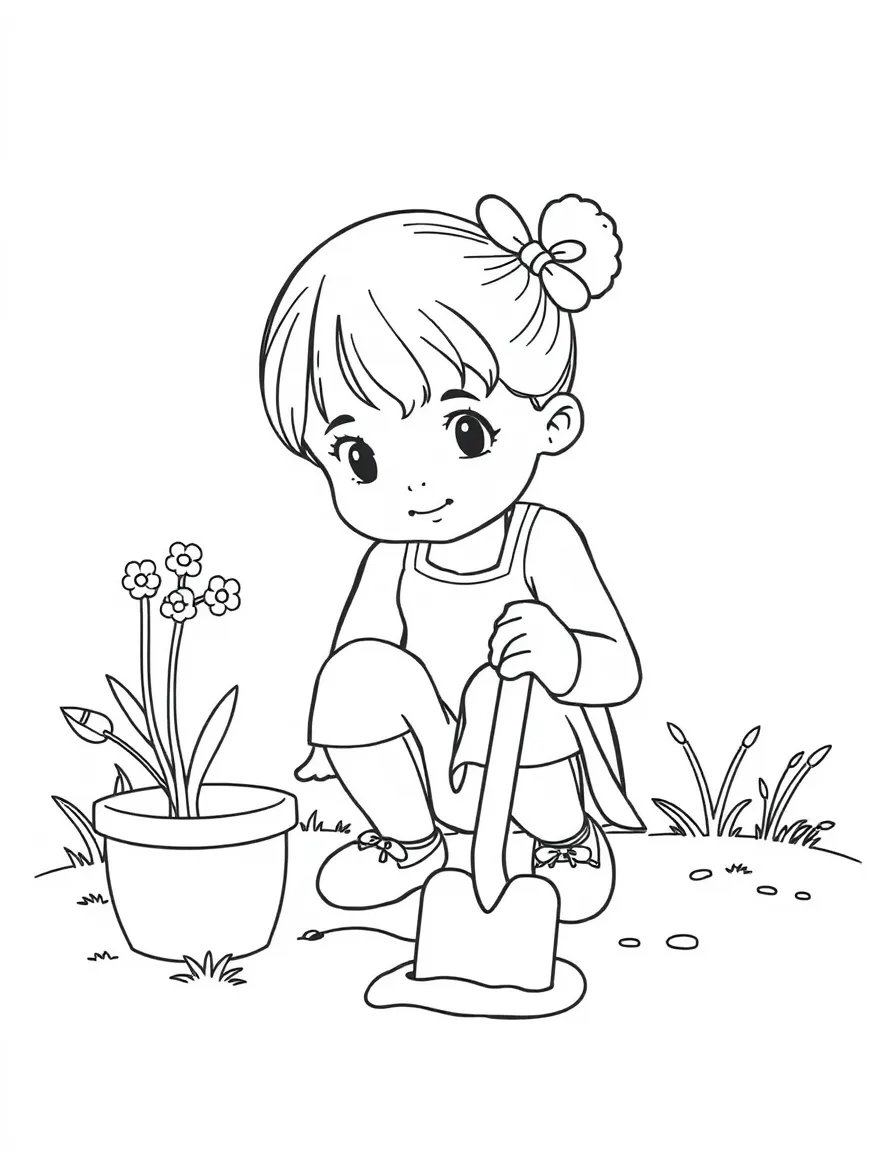 A girl playing with a toy gardening set, pretending to dig.