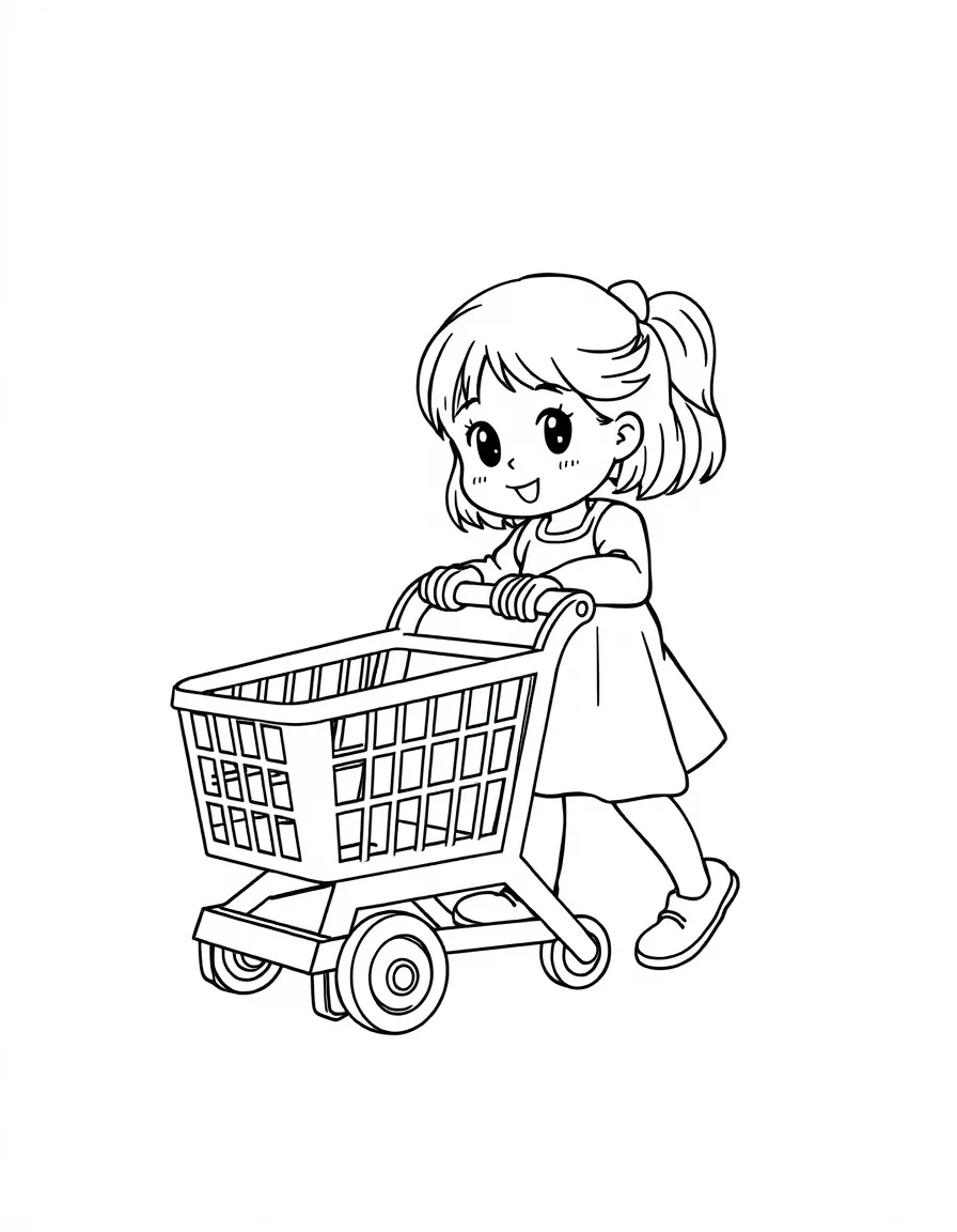 A girl playing with a toy grocery cart, pushing it around.