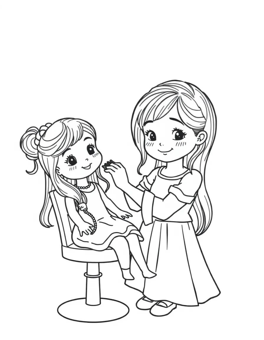 A girl pretending to be a hairstylist, brushing her doll's hair.