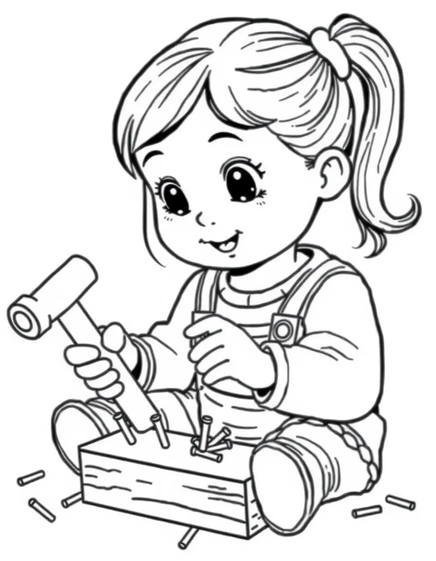 A girl playing with a toy hammer and nails, building something.