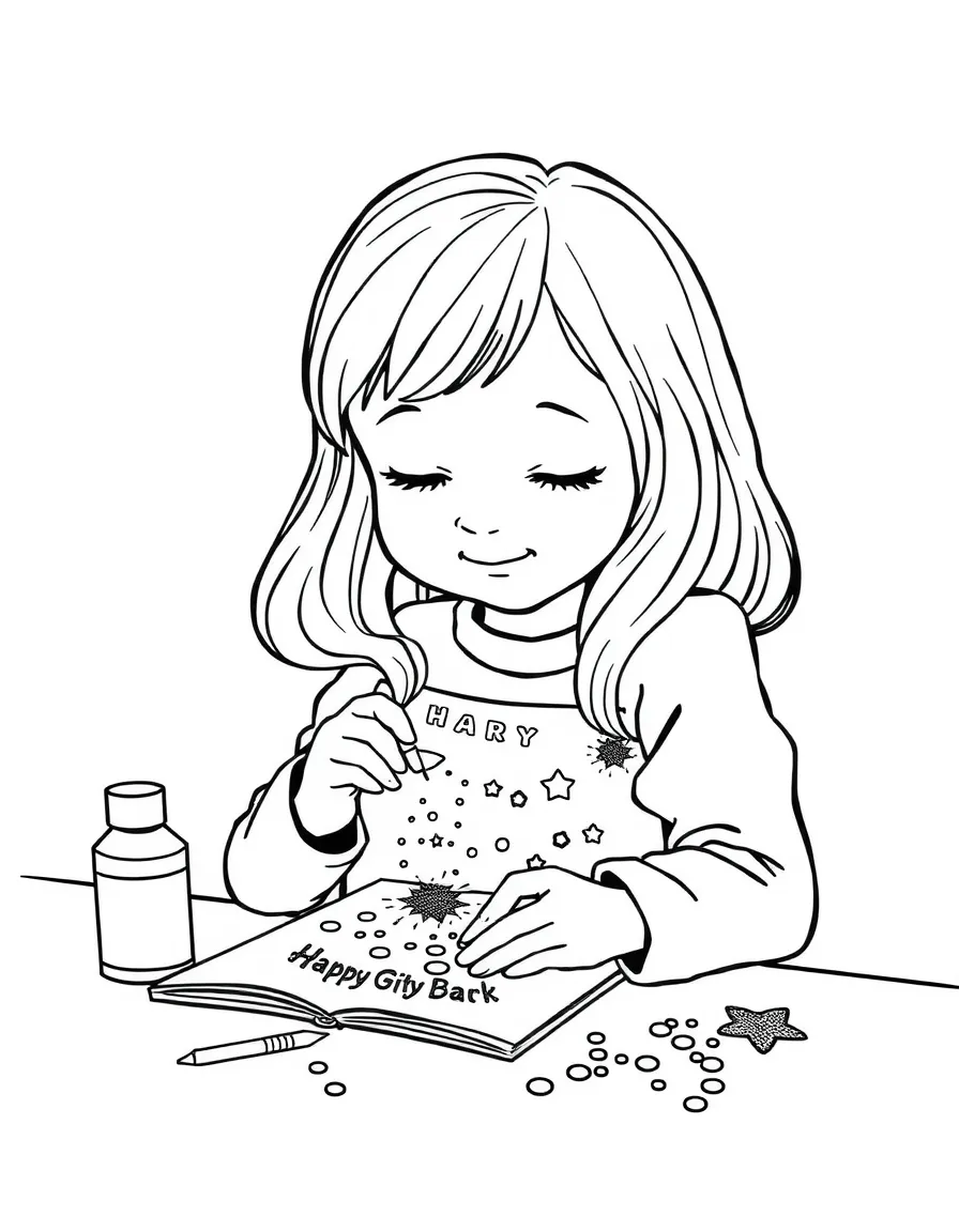 A girl making a greeting card with glitter and stickers.