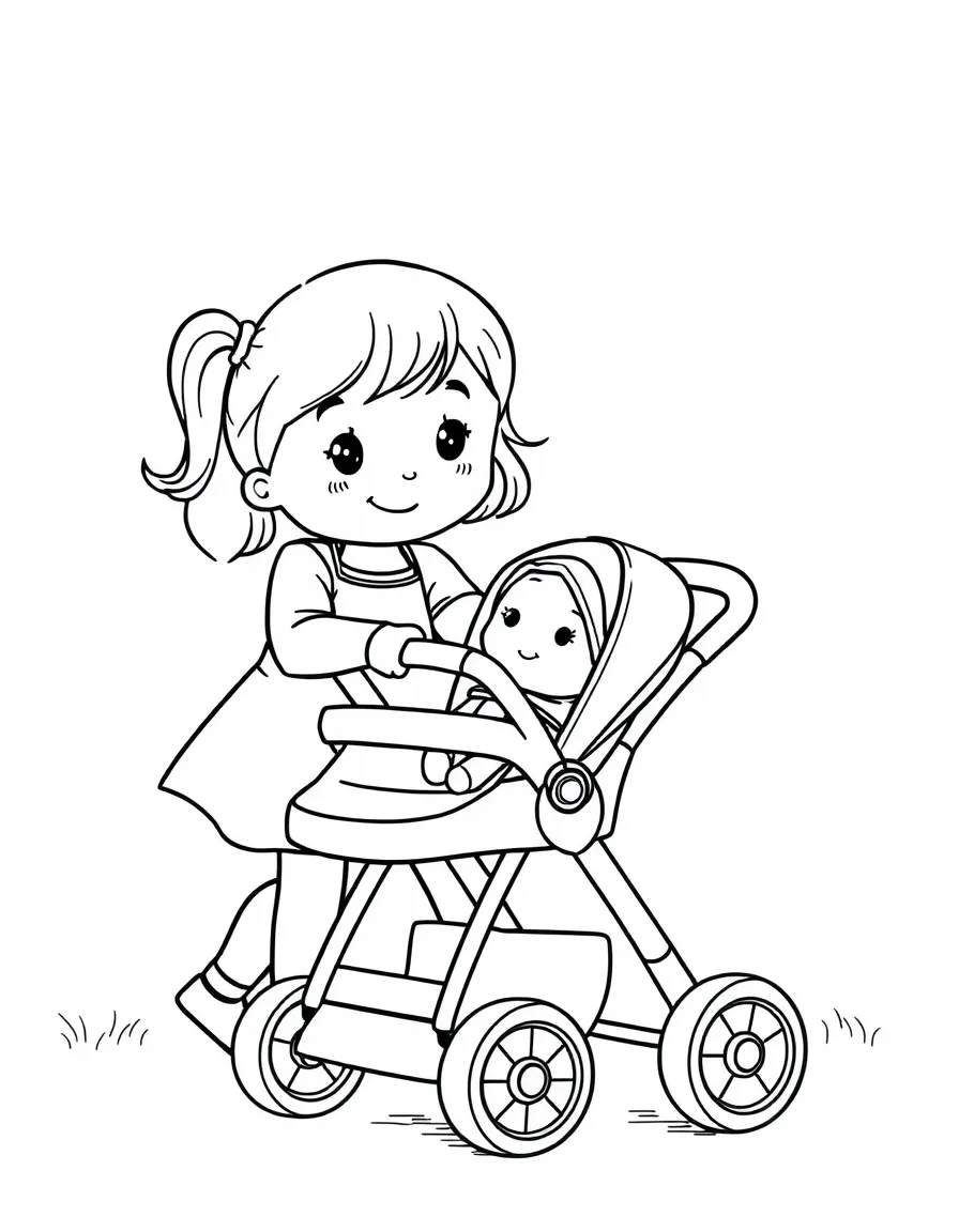 A girl playing with a toy stroller, pushing her baby doll.