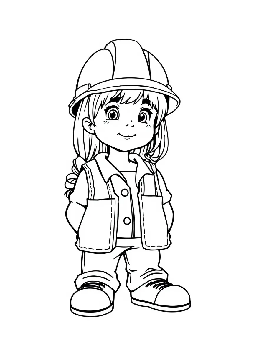 A girl pretending to be a construction worker, wearing a toy hard hat.
