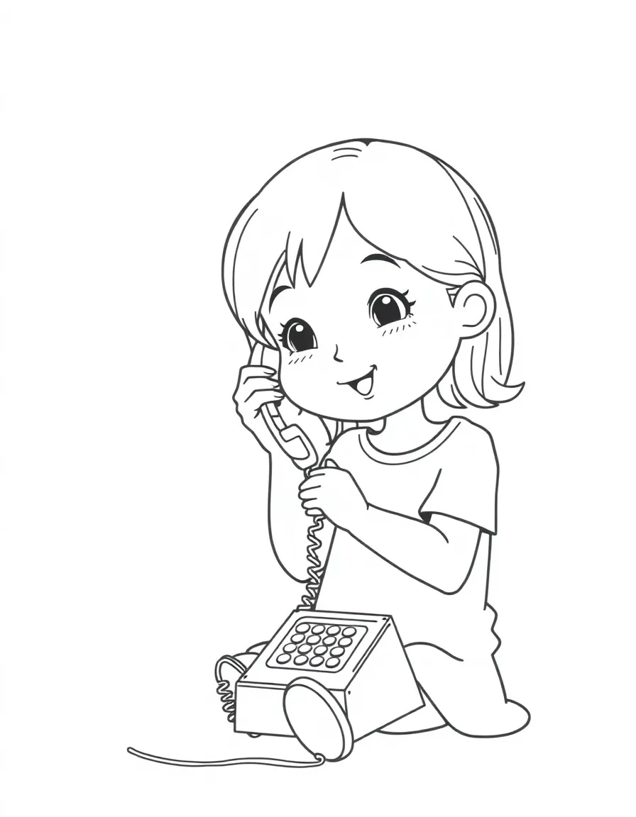 A girl playing with a toy telephone, having an imaginary conversation.