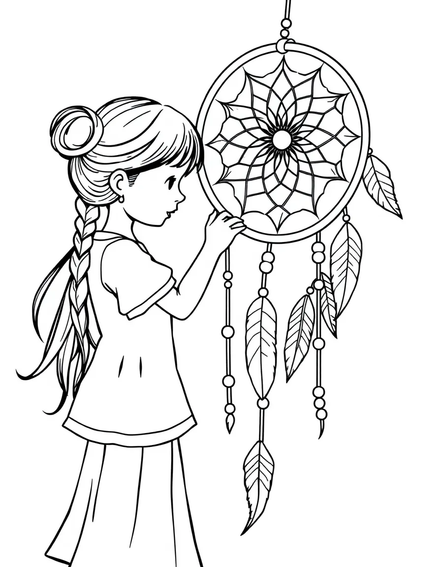 A girl making a dream catcher with feathers and beads.