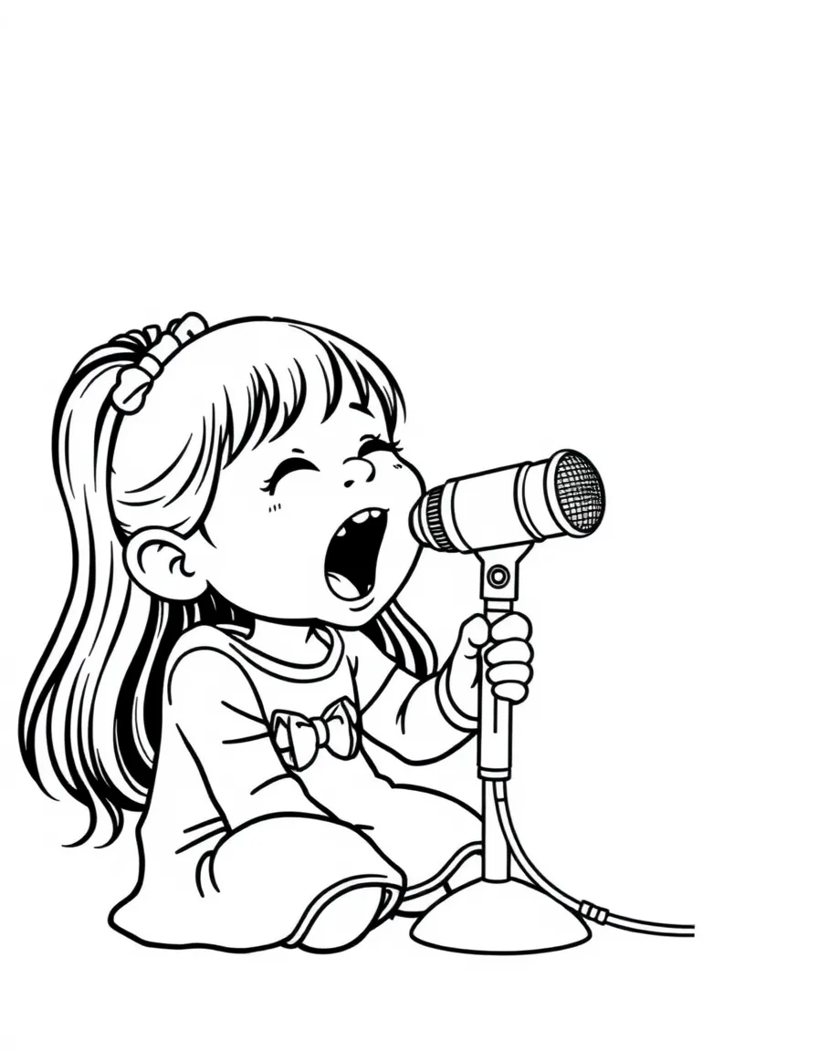 A girl playing with a toy microphone, singing loudly.