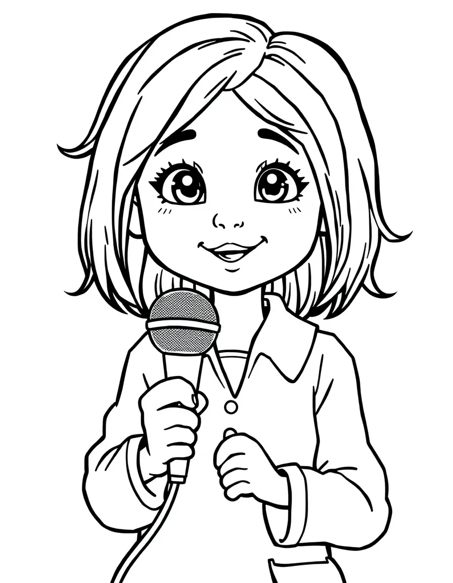 A girl pretending to be a news reporter, holding a toy microphone.