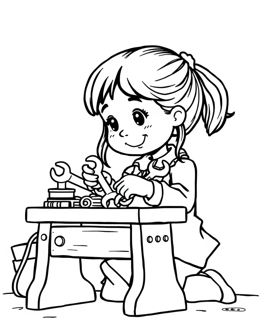 A girl playing with a toy tool bench, using toy wrenches.