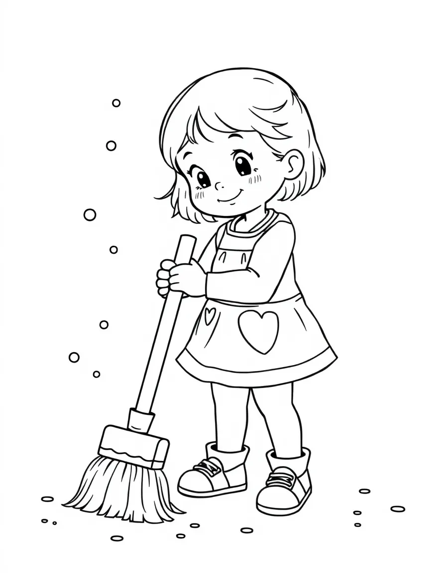 A girl playing with a toy broom, sweeping up imaginary dust.