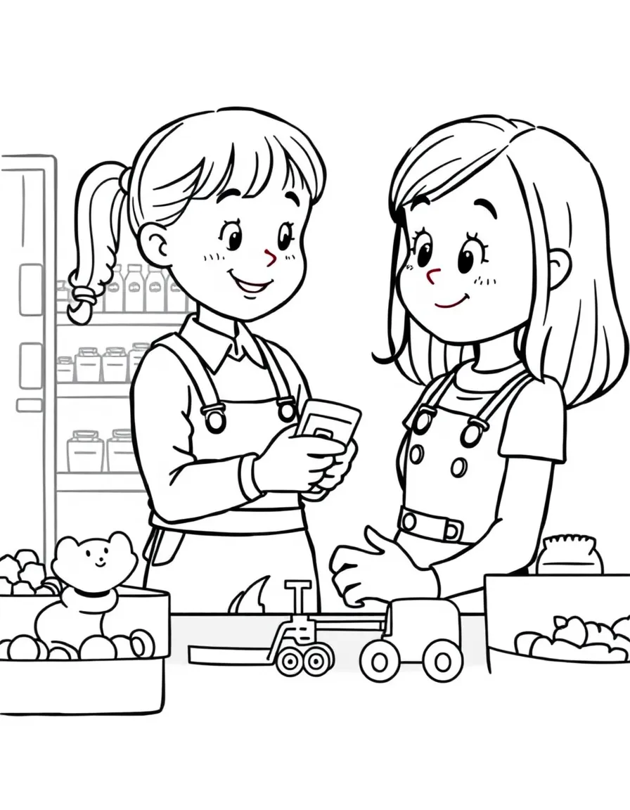 A girl pretending to be a cashier, scanning toy items.