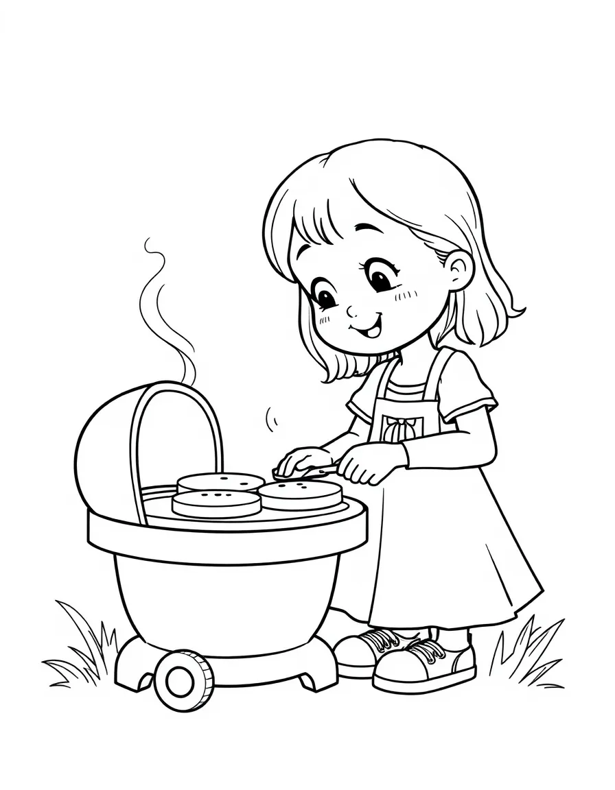 A girl playing with a toy barbecue grill, flipping pretend burgers.